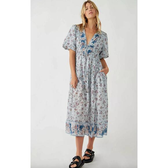 Free People Lysette Maxi Dress Floral Boho Cottage Romantic Fairy Blue Small - Picture 1 of 16